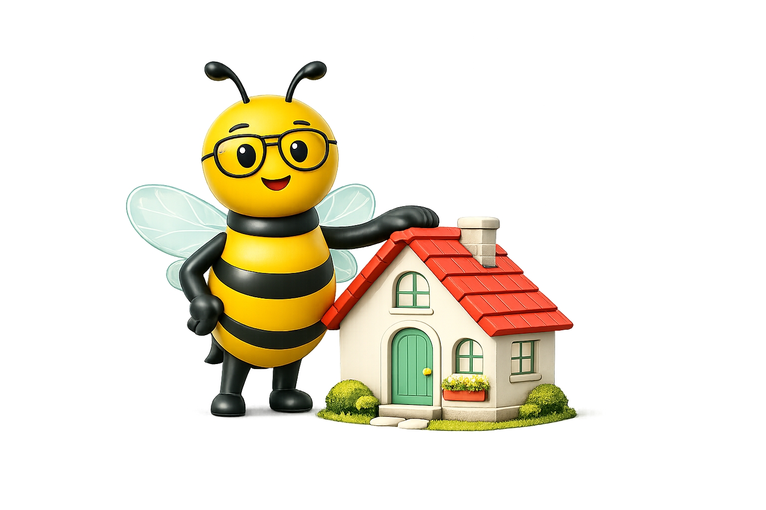 Home insurance — row of suburban houses with cars in the driveway Bezzure bee mascot holding a small house
