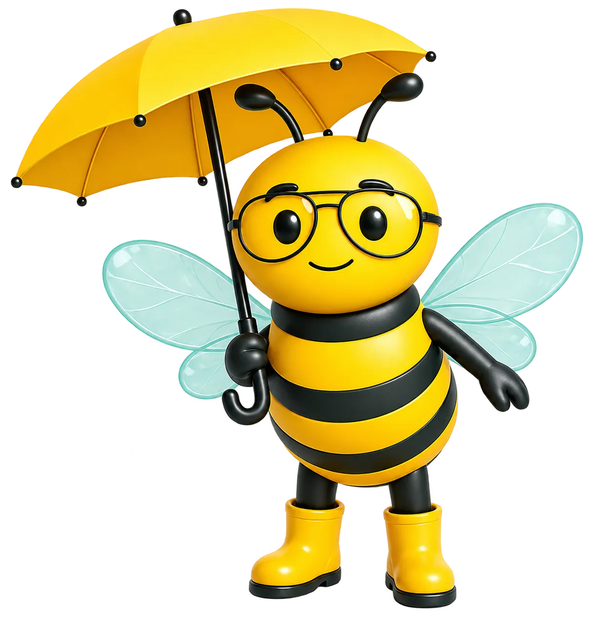 Flood insurance — houses surrounded by floodwater Bezzure bee mascot holding an umbrella