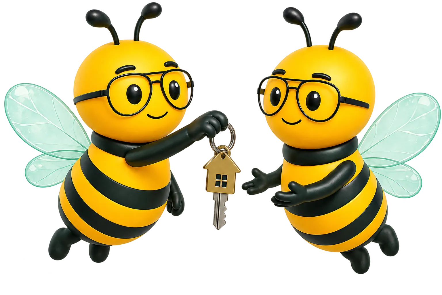 Renters insurance — friends handing over apartment keys Bezzure bee mascots holding a set of keys