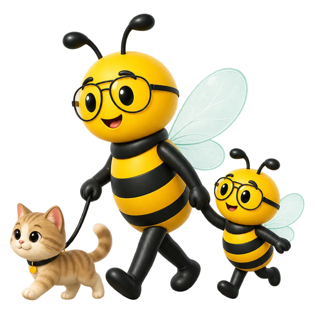 Life insurance — family playing with their dog in the yard Bezzure bee mascot walking with a little bee and a cat